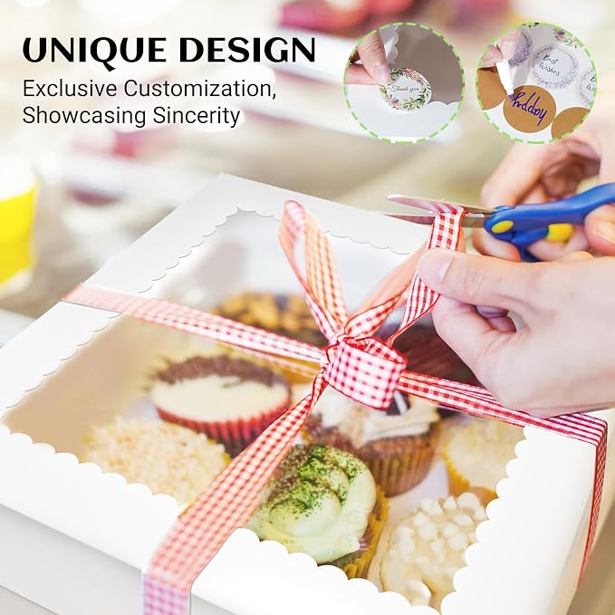 TLAZZ 15 Pcs Cake Boxes, 12x12x8 Inches Tall Cake Boxes with Window, White Square Cheesecake Bakery Boxes, Large Cardboard Cake Baking Boxes with 90 Stickers for Cakes, Pies, Wedding, Birthday Party