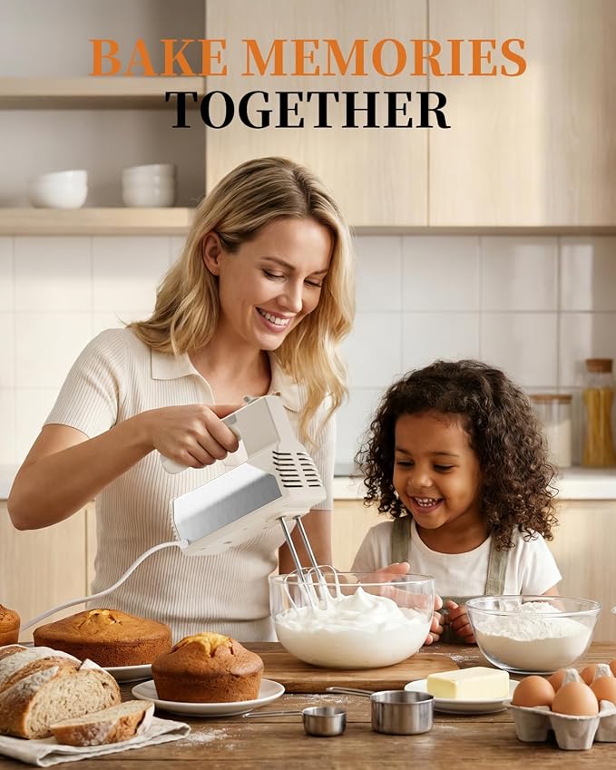Hand Mixer Electric Handheld, 5-Speed 200W Electric Mixer with Stainless Steel Beaters, Dough Hooks, Portable Hand Mixer, WESTCOOKAID Turbo Ultra Power+ Eject Button for Cakes Eggs, Beige