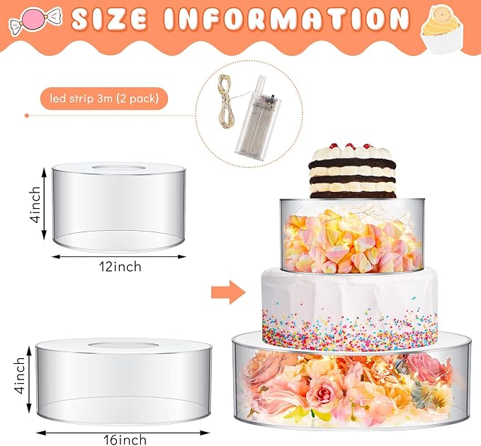 Sunnyray 2 Pcs Acrylic Cake Stands for Dessert Table Clear Fillable Cake Riser Cupcake Tier with LED Strings for Birthday Wedding Holiday Party Display(12'', 16'')