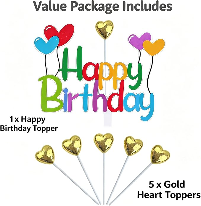 Colorful Happy Birthday Cake Topper Set Balloon Design and Gold Hearts, Great for Kids' Birthdays, Cupcakes Party Decor