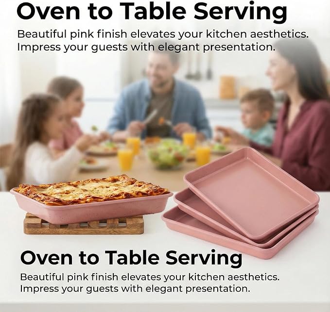 Toaster Oven Baking Pans Set of 3, Small 11x9 Inch Pink Nonstick Sheet Pans for Compact Ovens, Quarter Sheet Size for Roasting Vegetables, Brownies & Small Batch Cooking