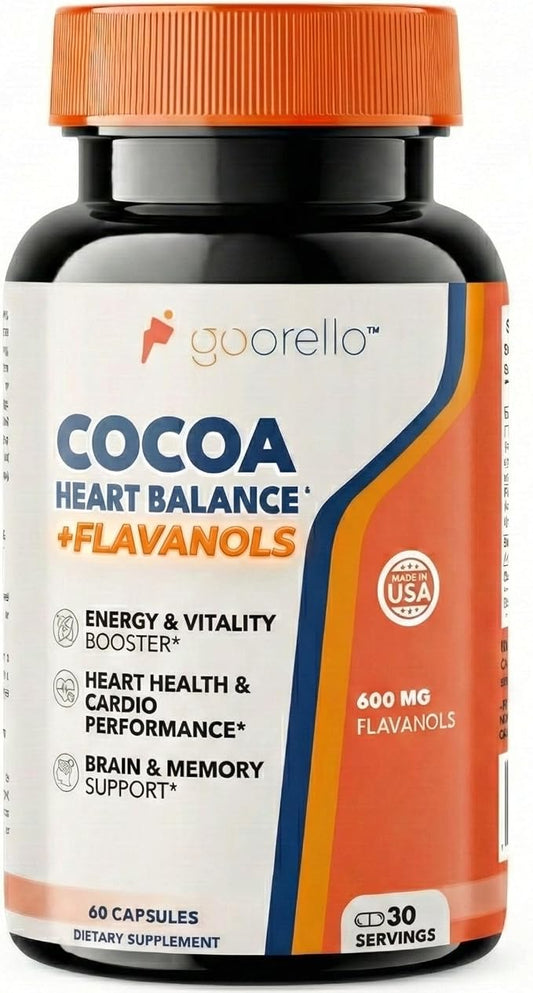 600mg Cocoa Flavanols – Heart Health & Circulation Support Supplement – Promotes Nitric Oxide Production & Energy – Vegan – 60 Capsules (30 Day Supply)