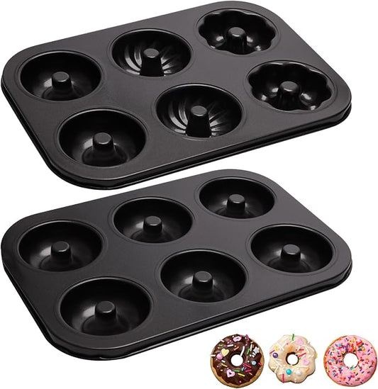 2 Pack Donut Pans, Carbon Steel Donut Pan for Baking with 6 Holes Non-Stick Stackable 10.35" x 7.28" Doughnut Pans Oven Safe Donut Molds for Bagels, Mini Cakes and Muffins