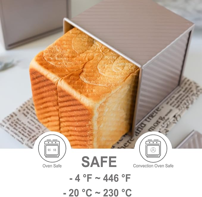 CHEFMADE Square Pullman Loaf Pan with Lid, 1Lb Dough Capacity Non-Stick Rectangle Corrugated Toast Box for Oven Baking 5.3" x 5.3"x 5.2"(Champagne Gold)