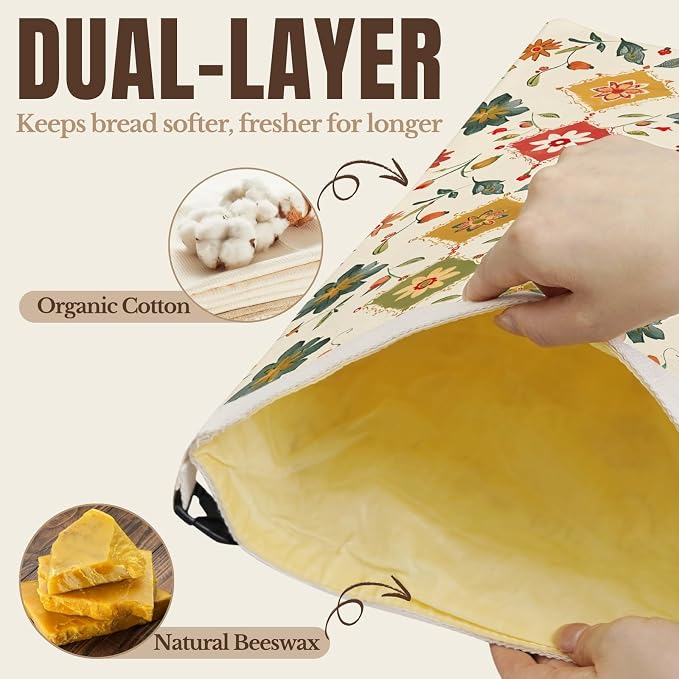 InnoBeta Beeswax Bread Bags for Sourdough & Homemade Bread, 2 Pack Reusable Cotton, 17"x13", Vintage Pattern