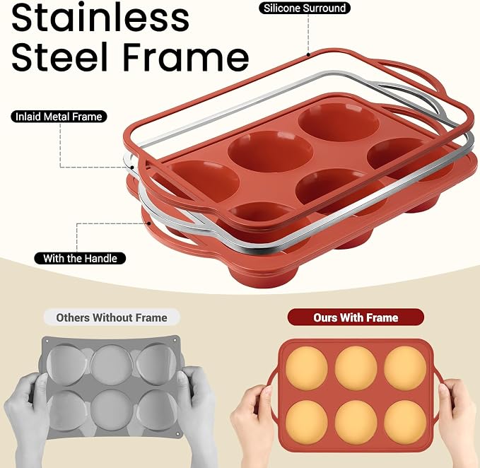 JOERSH Jumbo Muffin Pan with Metal Frame, 6 Cup Large Cupcake Mold with Handles, Non-Stick Silicone Baking Tray for Jumbo Muffin, Cupcake, Egg Bite