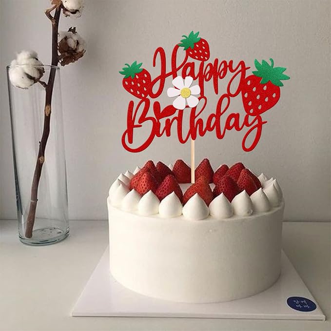 1 PCS Strawberry Happy Birthday Cake Topper with Glitter Flower Fruit Theme Birthday Berrry Cake Pick Decorations for Strawberry Theme Baby Shower Kids Birthday Party Cake Decorations Supplies