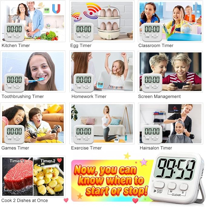Antonki 2 Pack Digital Timer for Kids, Magnetic Countdown Kitchen Timers for Cooking, Egg, Classroom, Teacher, Exercise, Study, Oven - Battery Included