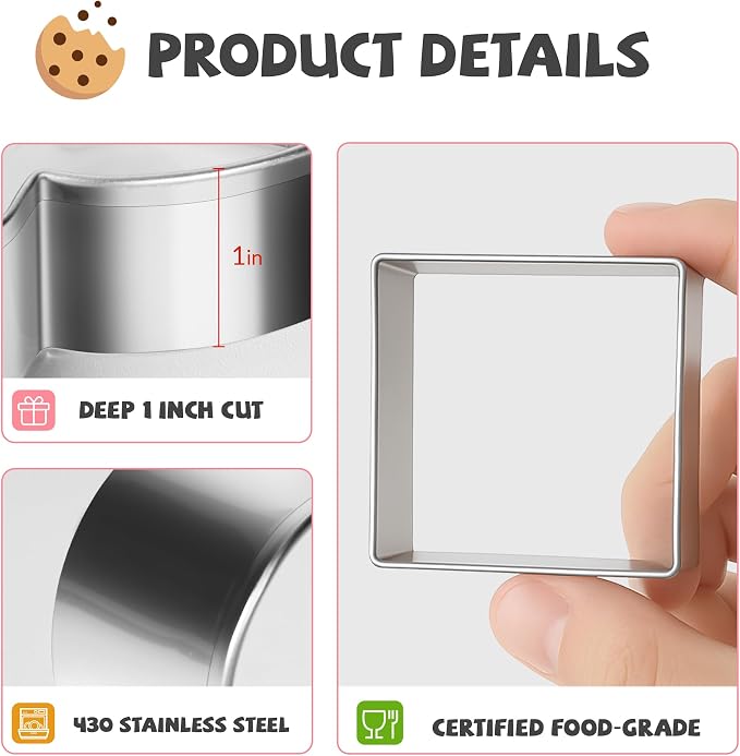 FUSOTO 6PCS Square Cookie Cutter Set, Large Geometric Stainless Steel Baking Supplies for Homemade Cookies, Square Plaque Cookie Cutters Shapes Biscuit Molds, 6 Sizes (1.5, 2, 2.5, 3, 3.5, 4 Inch)