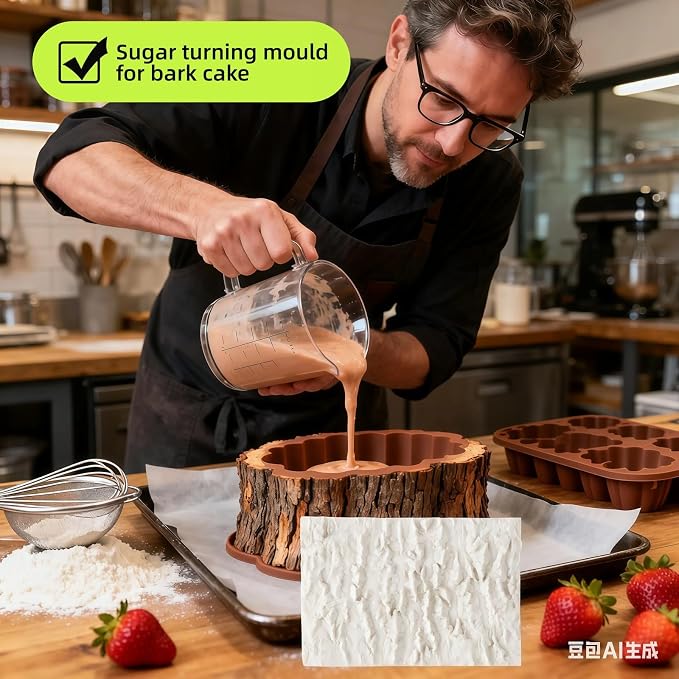 Tree Bark Cake Fondant Mold Tree Stump Fondant Impression Texture Mat Wedding Lumberjack Cake Border Decorating Tool Chocolate Gumpaste Pastry Cake Lace Mold Silicone Mat (grey)