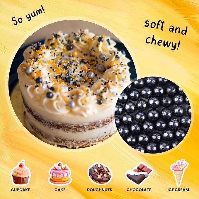 Bayep Edible Pearls for Cake Decorating 10mm Black Sprinkles for Cookies, Baking, Ice Cream, Cupcake Topper Pearl Sprinkles Perfect for Wedding Party Valentines Christmas Holiday Supplies 3.52 Ounce