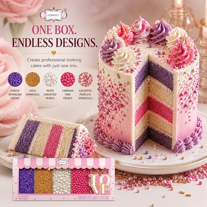 Confect Sprinkle Mix Set – Unicorn-Inspired Cake & Cupcake Decorations |Bright Pink, Pearl White, Purple Sugar Blend | Vegan, Gluten-Free, Nut-Free - 5 Oz