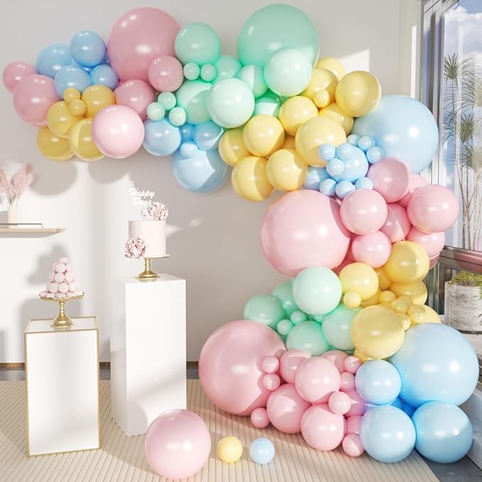 Pastel Balloon Garland Arch Kit, 146Pcs Macaron Pink Blue Green Yellow Latex Balloons Different Sizes 18 12 10 5 Inch for Gender Reveal Baby Shower Wedding Birthday Party Decoration