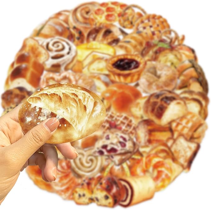 Cute Bread Stickers for Adults,Teens,Kids, 50PCS Realistic Bakery PET Transparent Waterproof Food Stickers Pack for Water Bottles,Laptop,Scrapbook, Bakery Themed Party Decorations