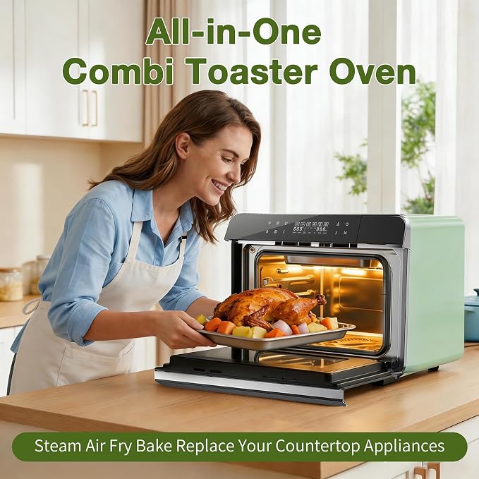 ROBAM Toaster Air Fryer Combi Oven, Countertop Steam Oven 14-in-1 with Convection Steam Roast & Bake, Multi-Stage Cooking, Self-Clean, 7 Modes, 30 Built-In Recipes, for Kitchen Pizza Baking (Green)