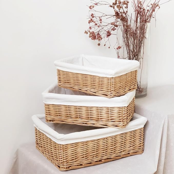 Handwoven Rattan Storage Basket with Removable Fabric Liner Desktop Organizers for Home Organization and Decoration Natural Fiber Closet Organizers Basket