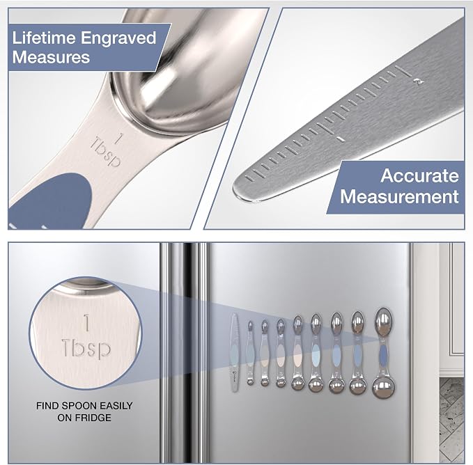 CuttleLab Magnetic Measuring Spoons Set - Stainless Steel, Double Ended, Stackable & Nested Design for Dry and Liquid Ingredients, Ideal for Spice Jars, 9-Piece Set with Leveler (Farmhouse)