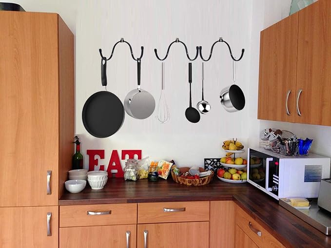 Adjustable Wrought Iron Wall Hook,Wall mounted pots and pans rack, Kitchen Cookware Hanging Organizer Hooks, Kitchen storage pot holder pot rack. Rolling pin Rack, W-type Flexible hook — 4/PK
