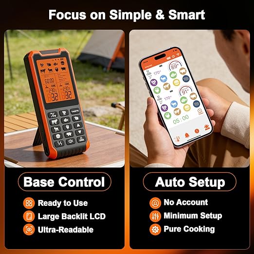 HOPEPOP Wireless Meat Thermometer Digital - NIST Certified Accuracy, Dual Monitoring Standalone Large LCD Base & App Control, 2 Meat Probes for Grill BBQ Smoker Oven (Orange)