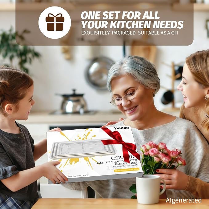Nonstick Ceramic Baking Sheet With Rack, 3-Pack Half/Jelly Roll/Quarter Sheet Pan, Non-Toxic, PTFE & PFOA Free, Warp-Free, Oven Safe 550°F, Dishwasher Safe, Aluminized Steel, Gray Yellow