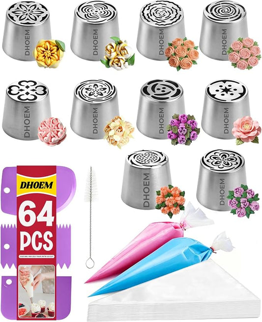 64 Pcs Stainless Steel Russian Piping Tip Set, 10 Flower Nozzles Baking for Flower Decorations: Roses, Tulips, Marshmallow Buttercream Bouquets, Cake Decorating Supplies for Wedding
