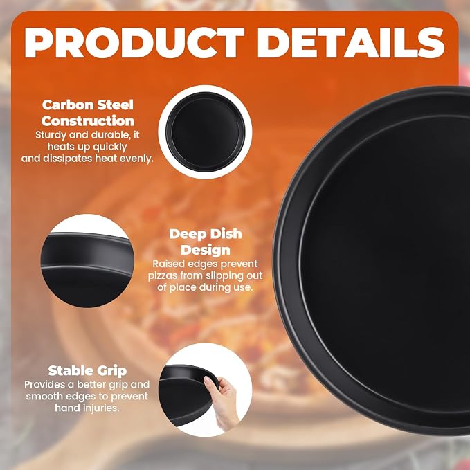 2 Pack Pizza Pan for Oven, Deep Dish Pizza Tray, Non-Stick Carbon Steel, Round Baking Sheet Plates, 10 Inch