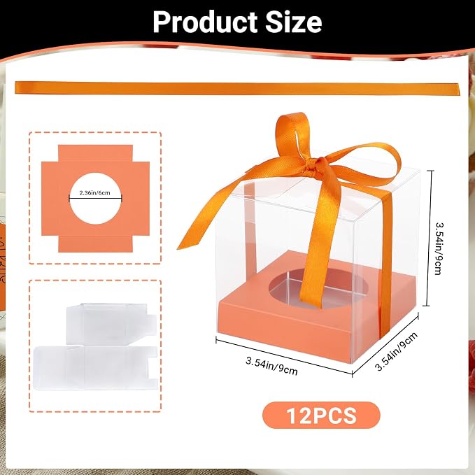 EUSOAR Individual Cupcake Boxes, 12 Pack 3.5 Inch Transparent Dessert Pastry Muffin Cupcake Containers with Inserts and Ribbon, Muffins Gift Holder Mini Cake Carrier for Wedding Party Favor Bakery