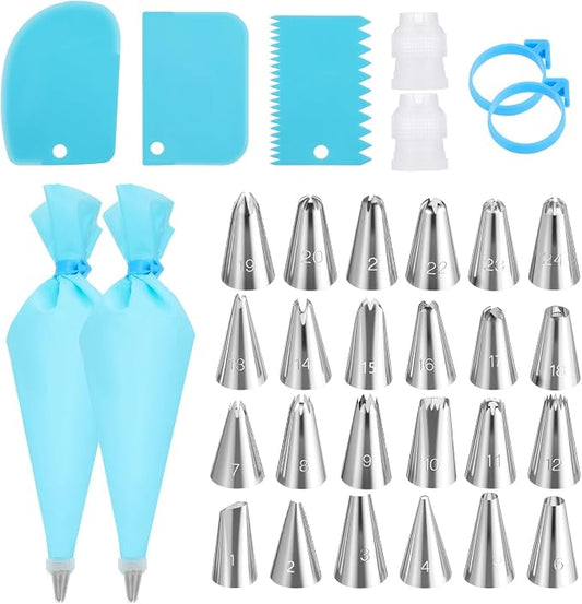 Piping Bags and Tips, Cake Decorating Supplies with 2 Reusable Piping Bags, 24 Icing Tips, 2 Couplers, 3 Scrapers 2Silicone Rings Pipings Bag and Tip Set Baking Tools for Cookie Icing