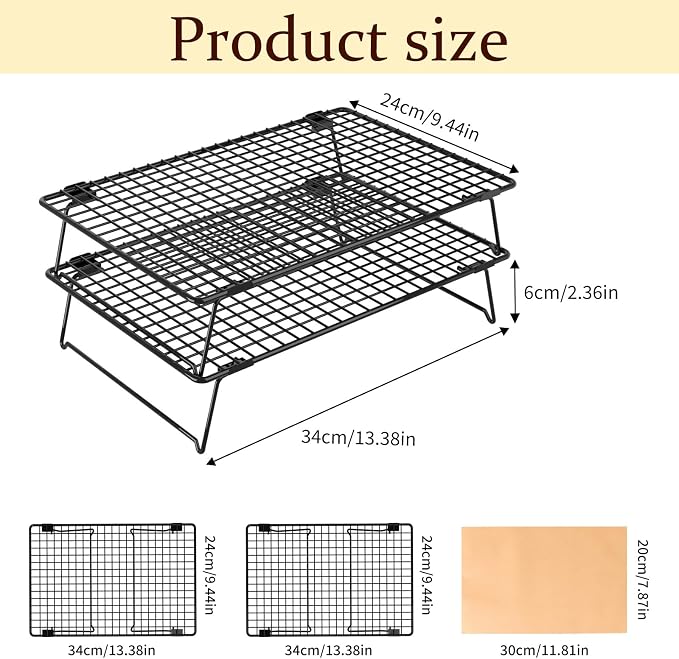 2 Tier Cookie Cooling Rack for Baking Stackable 13.4"x9.3" Wire Cooling Rack with Collapsible Legs,Tiered Cooling Rack Baking Paper 50 Pcs for Cooling Cookie,Cake,Pizza,Grilling, Drying