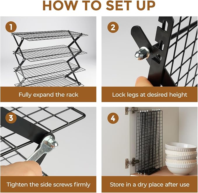 4 Tier Collapsible Cooling Rack, 3 Setting Design - Adjustable Stackable Cooling Racks for Cooking and Baking, Non-Stick Wire Rack with 20pcs Parchment Paper for Baking Cookies, Cakes, Bread, Pizza