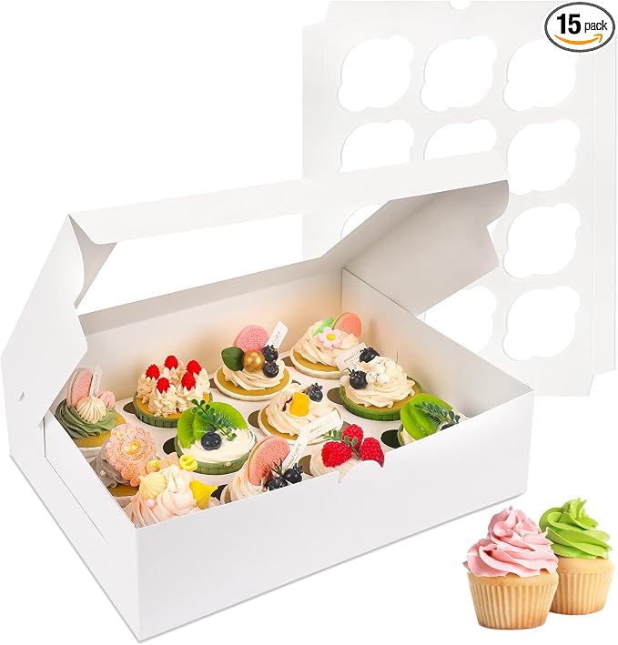 Moretoes 15pcs Cupcake Boxes, 13x10x3.5 Inches, 12 Count Bakery Boxes with Window and Inserts to Fit Muffins, for Birthday Holiday Party Bakery Supplies
