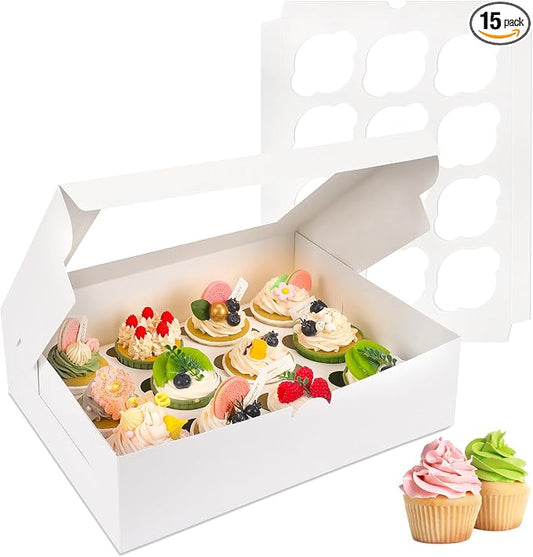 Moretoes 15pcs Cupcake Boxes, 13x10x3.5 Inches, 12 Count Bakery Boxes with Window and Inserts to Fit Muffins, for Birthday Holiday Party Bakery Supplies