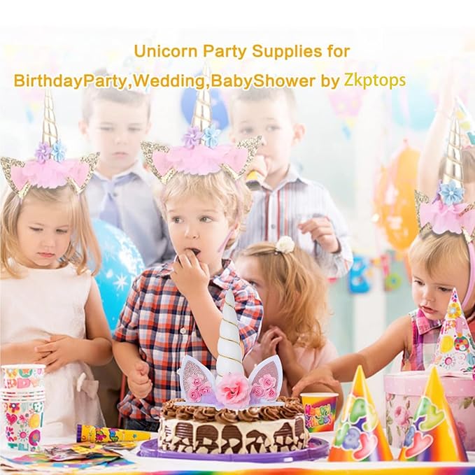 Zkptops Unicorn Cake Topper Birthday Party Supplies Unicorn Birthday Decorations White Horn Cake Topper Accessory with Eyelashes Cute Handmade Reusable Cake Toppers for Girls Kids Women 5.8 Inch