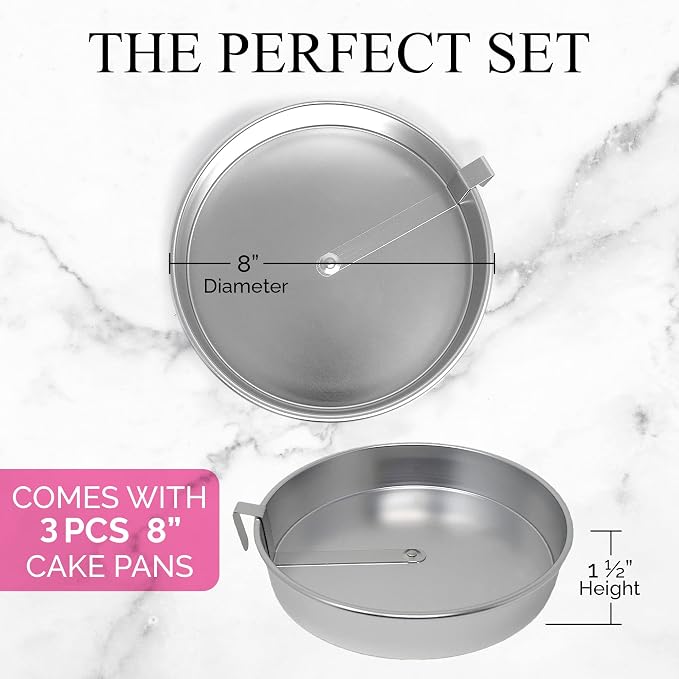 Aunt Shannon's Kitchen 8 Inch Round Cake Pans, 3 Pack, Silver Cake Pan with a Built-in Swivel Blade, Easy Release Cake Pans Set for Baking, Baking Pans Set for 3-Layer Cake, Dishwasher Safe