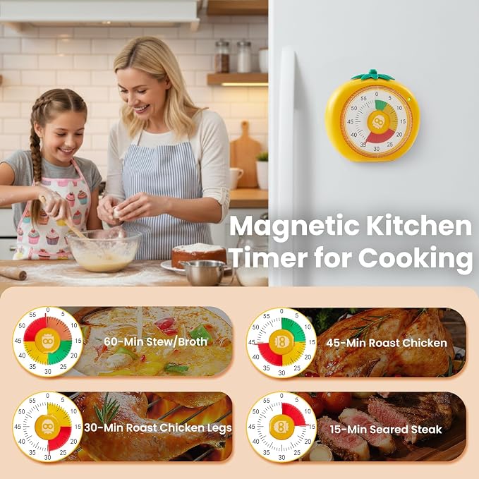 Magnetic Visual Timer, 60-Minute Countdown for Kitchen Classroom Homework | 4-Color Zone Dial with Cute Design, Kids Timer with Pomodoro Mode Time Management Tool for ADHD, Cooking & Baking