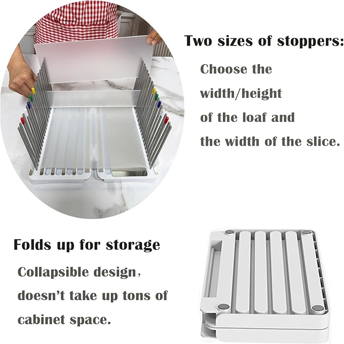 Stainless Steel Bread Slicer for Homemade Bread, Bread Slicing Guide with 20 Liners, 2 Thickness Cutting Guide with Crumb Tray, Bread Loaf Cutter Adjustable Width, for Sourdough, Meats, Deli