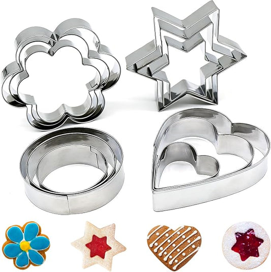 12-Piece Metal Cookie Cutter Set, Stainless Steel Biscuit Cutters for Baking, 4 Shapes (Heart, Star, Flower, Circle), Ideal Fondant Cutters & Dough Cutter, Perfect Cookie Cutters for Kids & Adults