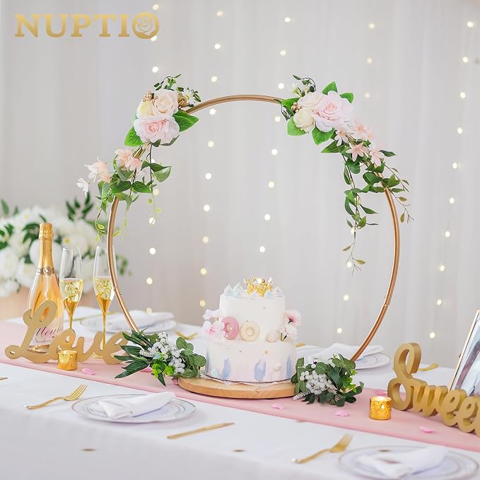 NUPTIO Wedding Cake Stand Gold: 11.7 Inch Cupcake Flower Display Pedestal Wood Table Arch Stands with Base Metal Round Floral Hoop Centerpiece Decor for Birthday Party Christmas Festival Baby Shower