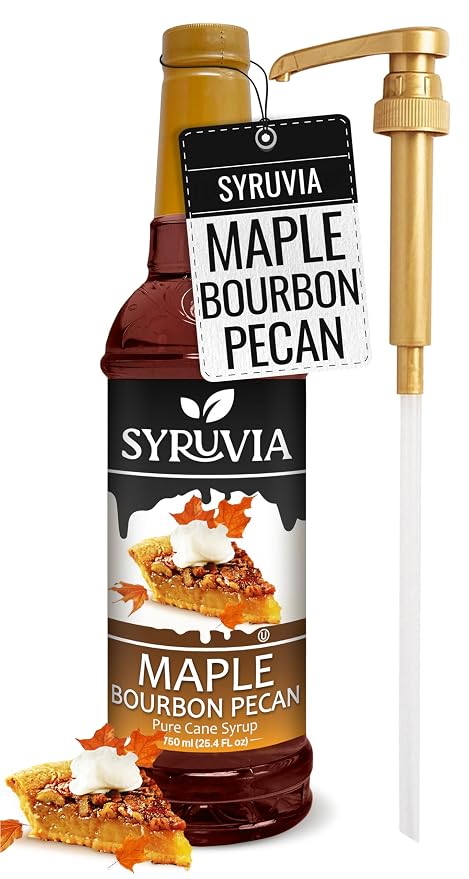 Syruvia Coffee Syrup, Maple Bourbon Pecan Flavored Syrup for Drinks, Lattes, and Desserts – 25.4 fl oz - with Pump