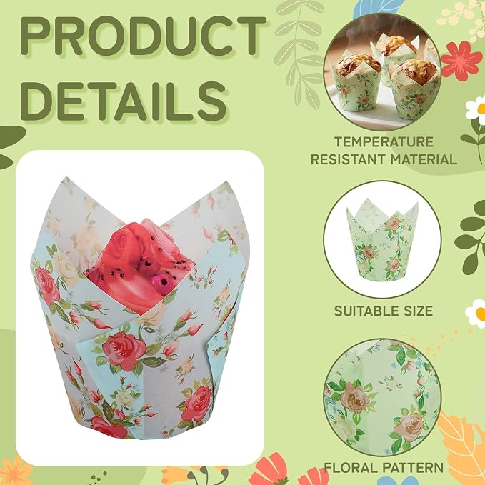 AUGSHY Floral Tulip Cupcake Liners, 200Pcs Flower Paper Muffin Baking Cups | Greaseproof Paper Cupcake Wrappers, Cake Dessert Decorations, Spring Easter Baby Shower Birthday Wedding Tea Party Supplies