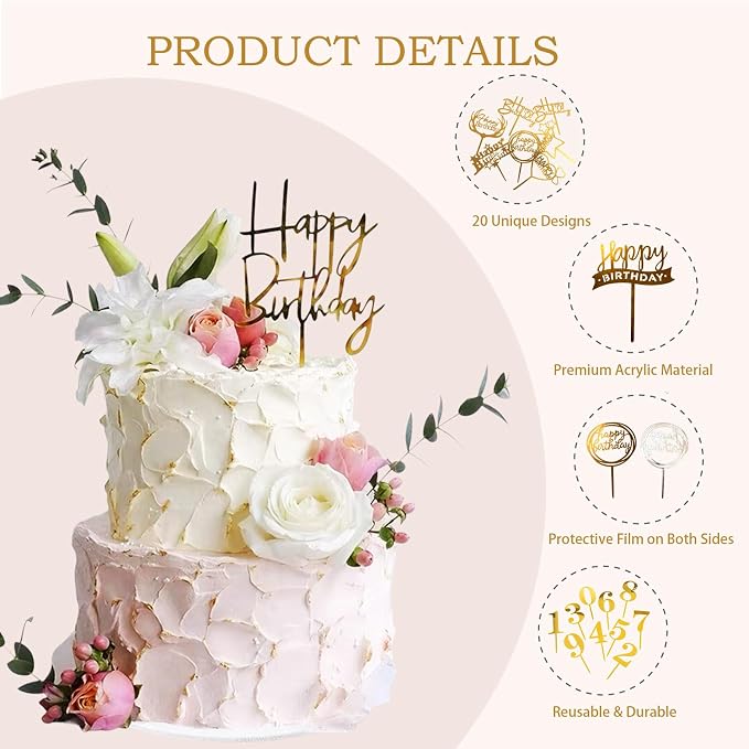 50 PCS Happy Birthday Cake Topper Acrylic Gold Cupcake Toppers, Glitter Party Birthday Cake Decorations for Women Men Girls, Elegant Dessert Picks for Anniversary Celebration, Gold 50 Pack
