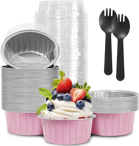 Mother's Day 50Pcs Mini Aluminum Foil Cupcake,5oz Baking Cups with Lids,Mini Cake Pans Disposable,Loaf Pans with Lids,Disposable Ramekins,Tin Cups Containers for Cupcake,Pudding,Muffin (50, Pink)