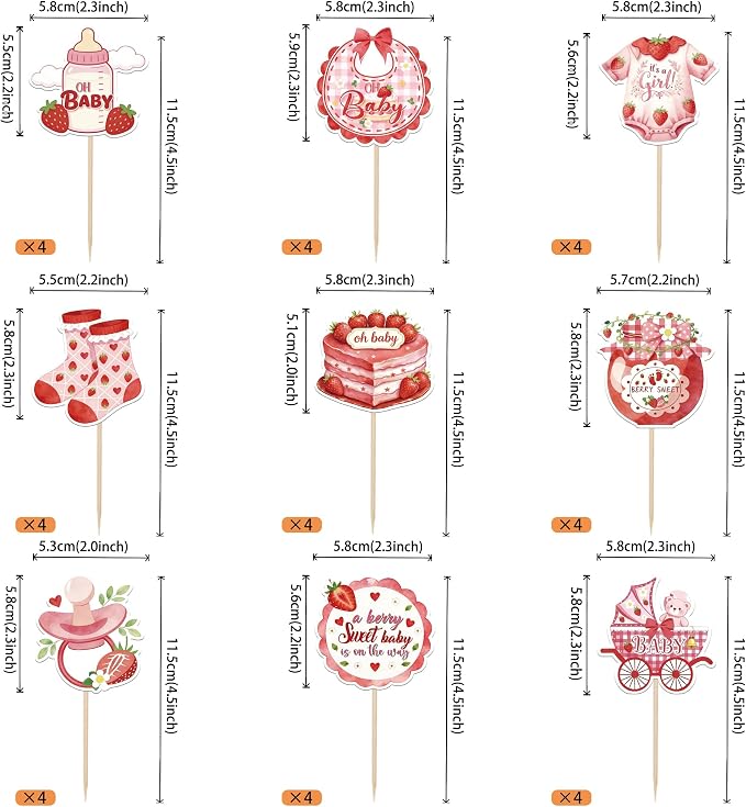 36 Pack Baby Shower Cupcake Toppers Double SidedBaby Bear Socks Clothes Strawberry Cupcake Picks A Berry Sweet Baby On The Way Cake Decorations for Gender Reveal Birthday Party Supplies
