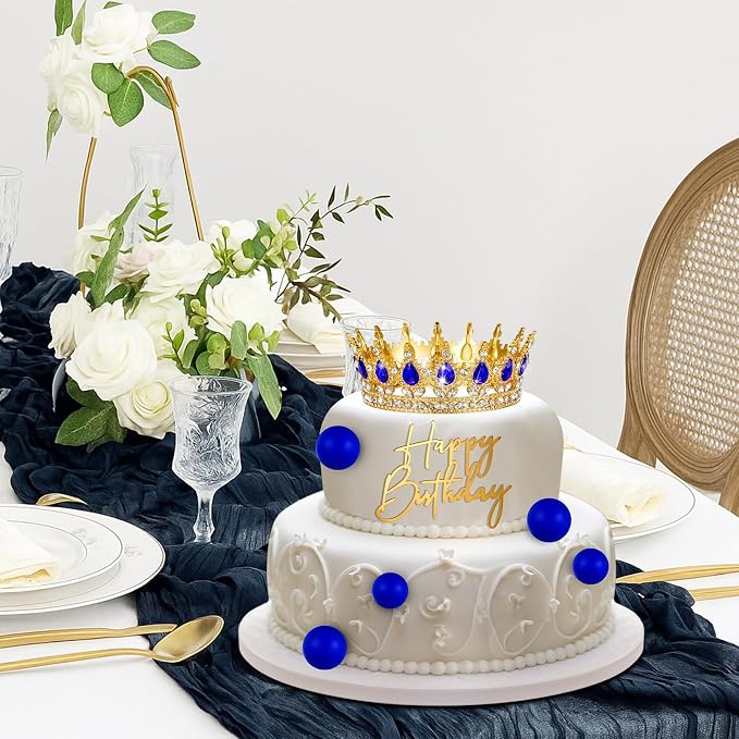 8 Pcs Gold and Blue Queen Crown Cake Topper for Women, Happy Birthday Cake Toppers Foam Balls Rhinestone Crystal Tiara Wedding Decoration for Princess Party Photo Props