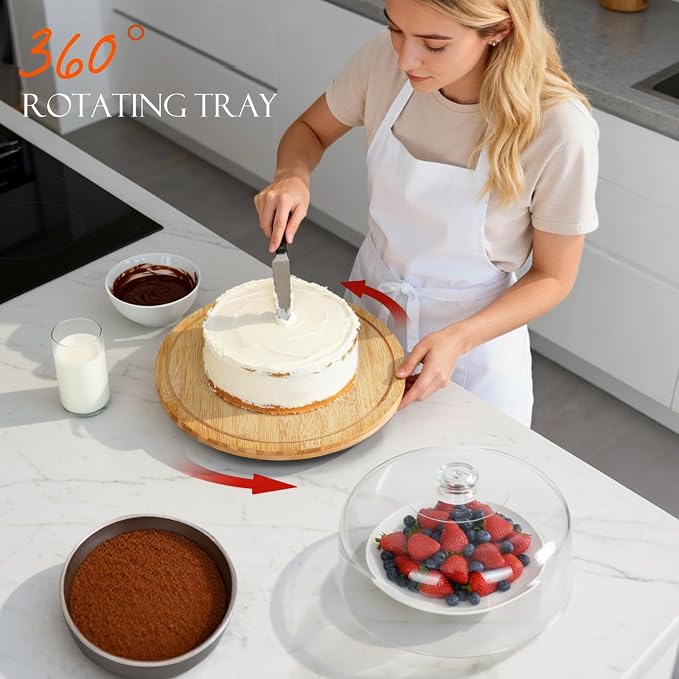 Masthome 11 IN Cake Stand with Lid, Bamboo Wood Rotating Cake Holder with Dome, BPA Free Cake Dish with Cover, Cake Plate with Cover for Birthday/Kitchen/Party/Weddings