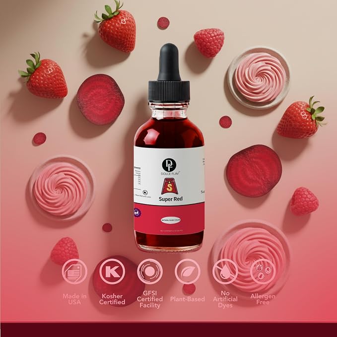 Dolce Flav Natural Super Red Food Coloring – Water-Soluble, Plant-Based, Vibrant Red Color for Baking, Drinks, Frosting, Jams & More – Easy Mix, Concentrated Formula (0.5–2% Use Rate)