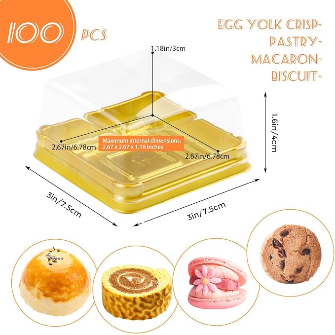 100 Set 3" Mini Cupcake Containers Plastic Square Containers with Lids Cupcake Boxes Muffin Pod Dome Muffin Single Individual Container Box for Wedding Birthday Gifts Supplies (Golden)