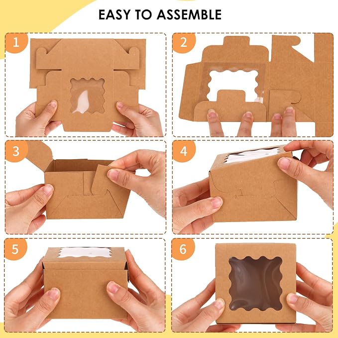 TOMNK 150pcs 4x4x2.5 Inch Cookie Boxes with Window, Small Pastry Boxes, Small Bakery Boxes for Cake, Treats, Donuts, Candy (Brown)