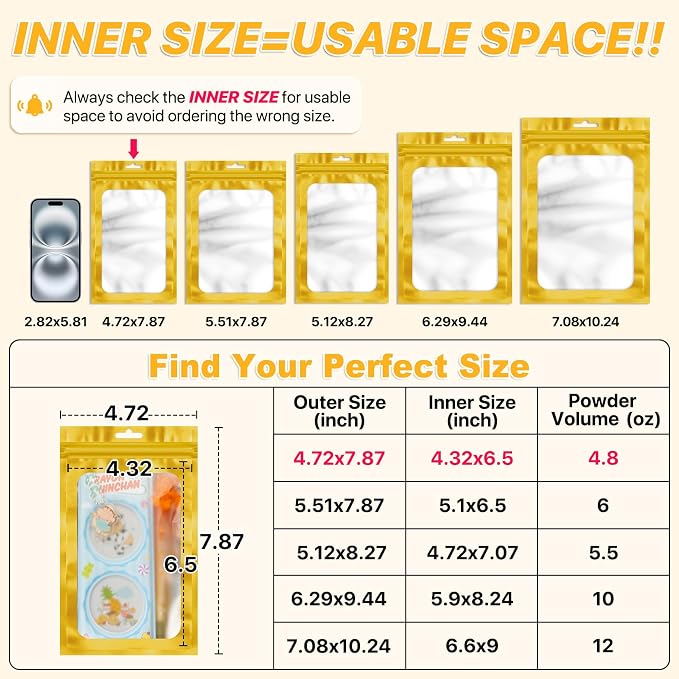 100 PCS Resealable Mylar Bags with Frosted Clear Window Bags Packaging Bag Foil Pouch Zipper Bag for Food Self Sealing Storage Supplies (4.72x7.87, Golden)