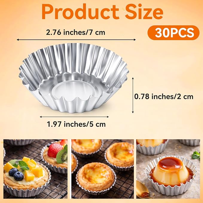 30 Pcs Mini Tart Pans 2.75 Inch Reusable Tartlet Cupcake Baking Mold Aluminium Egg Tart Molds Mini Pie Tins for Baking Egg Tarts Pies Cupcakes